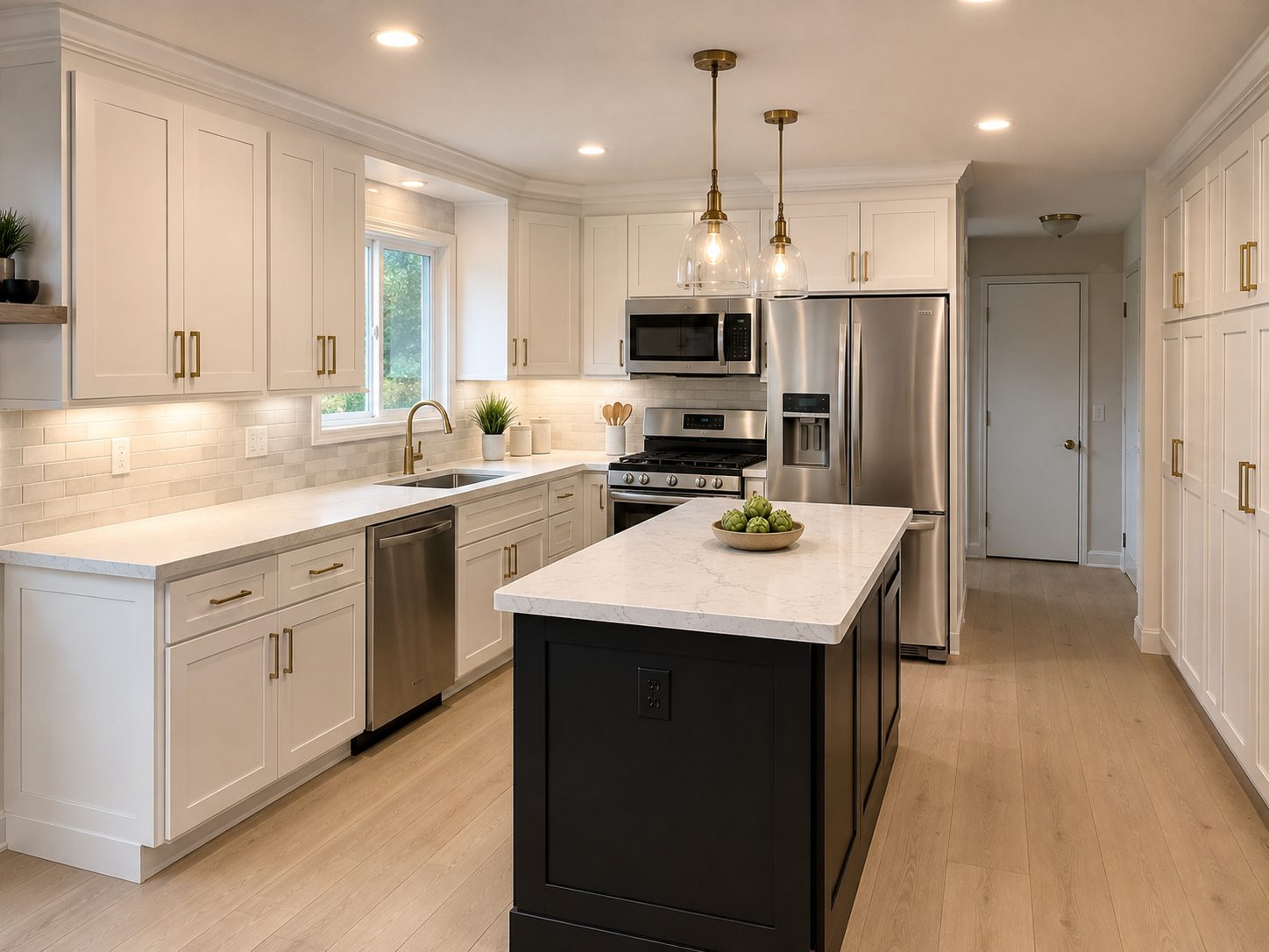 Kitchen after remodel with quartz waterfall island