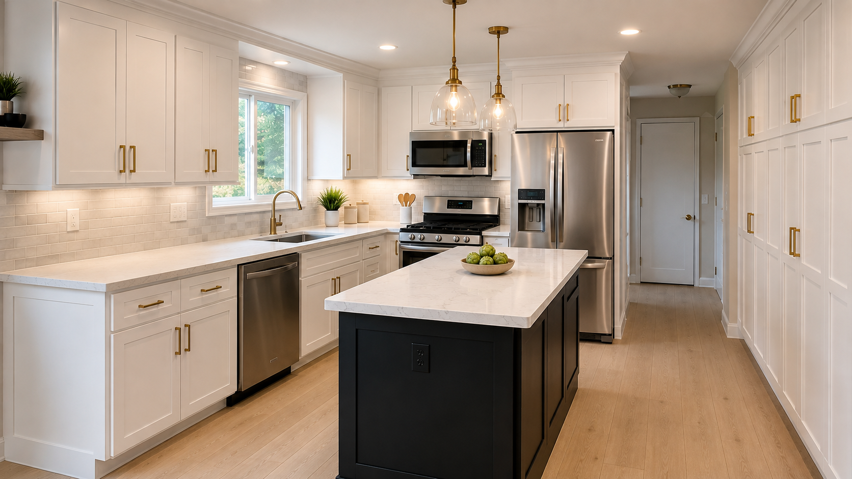 Kitchen after remodel with white shaker cabinet fronts, quartz counters and stainless appliances