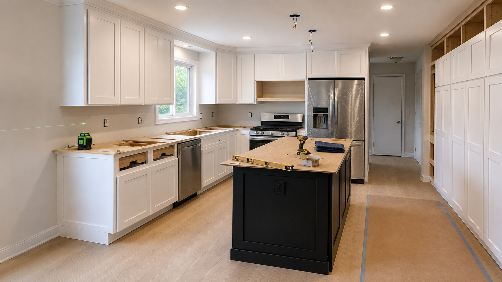Kitchen mid-remodel: cabinet fronts and flooring in, counters still bare plywood