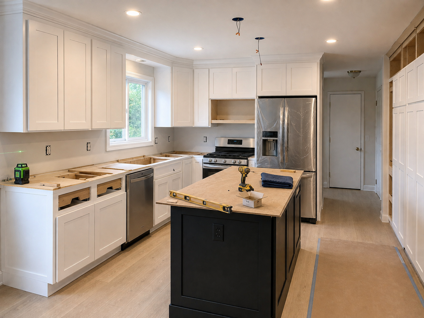 Kitchen mid-remodel: island repainted black with a plywood subtop, pendant wiring capped overhead